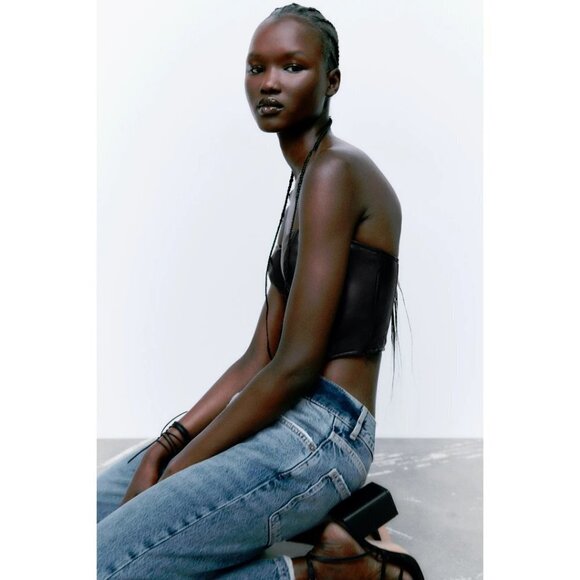 NWOT Zara black faux leather crochet-like detail corset crop top, XS - Picture 3 of 9